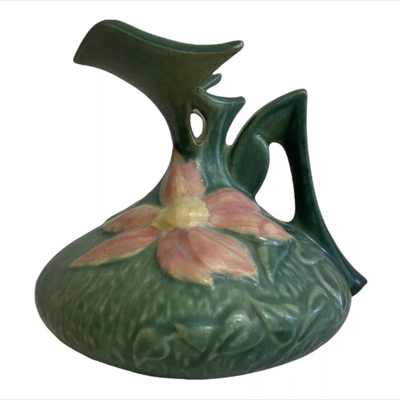 Roseville Art Pottery Clematis 16-6” Green Pink Flower Ewer Pitcher
